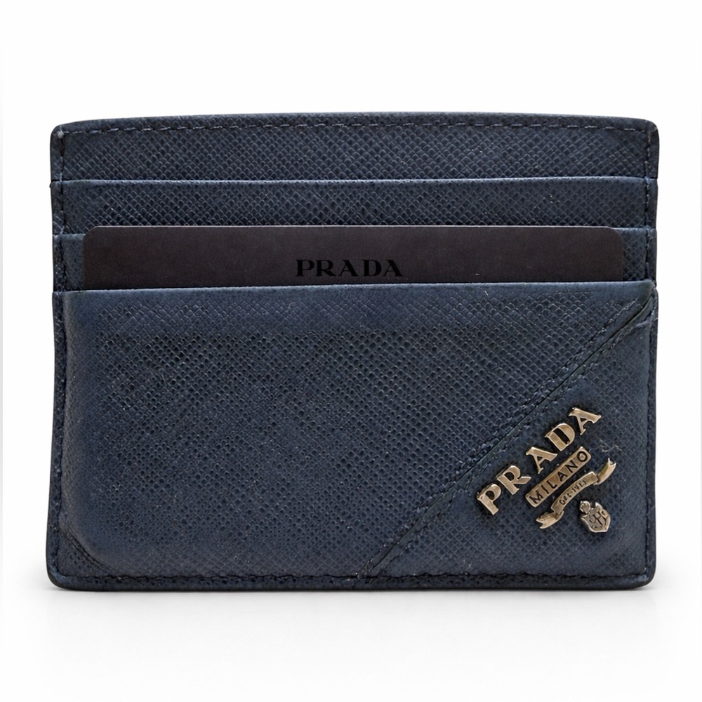 Prada Saffiano Metal Card Holder Bluette Navy Box Dust Bag Receipt Shopping Bag